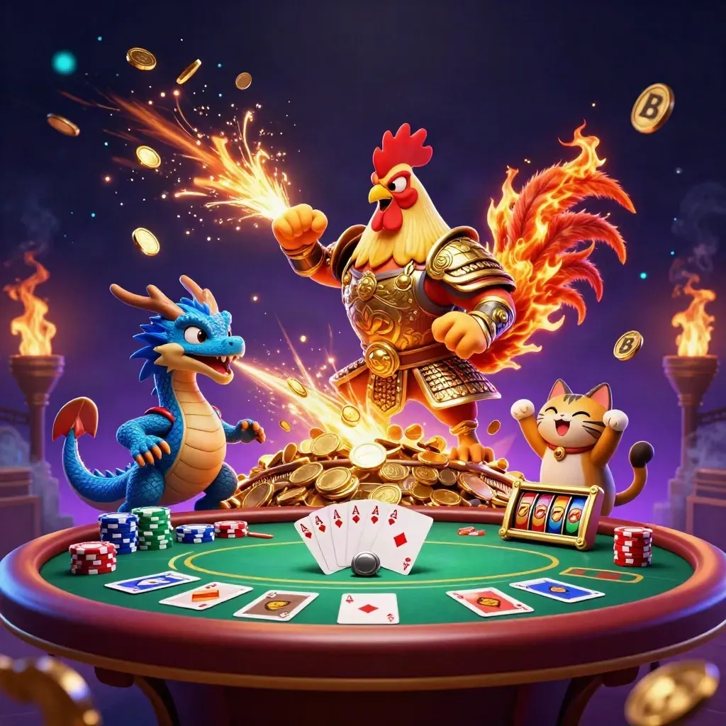 Rooster warrior, dragon hatchling, and fortune-cat amid bursting coins, poker chips, and slot symbols.