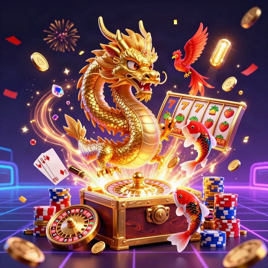 Golden dragon, phoenix, and koi erupt in coins, gems, chips, reels, and fireworks on a neon casino backdrop.