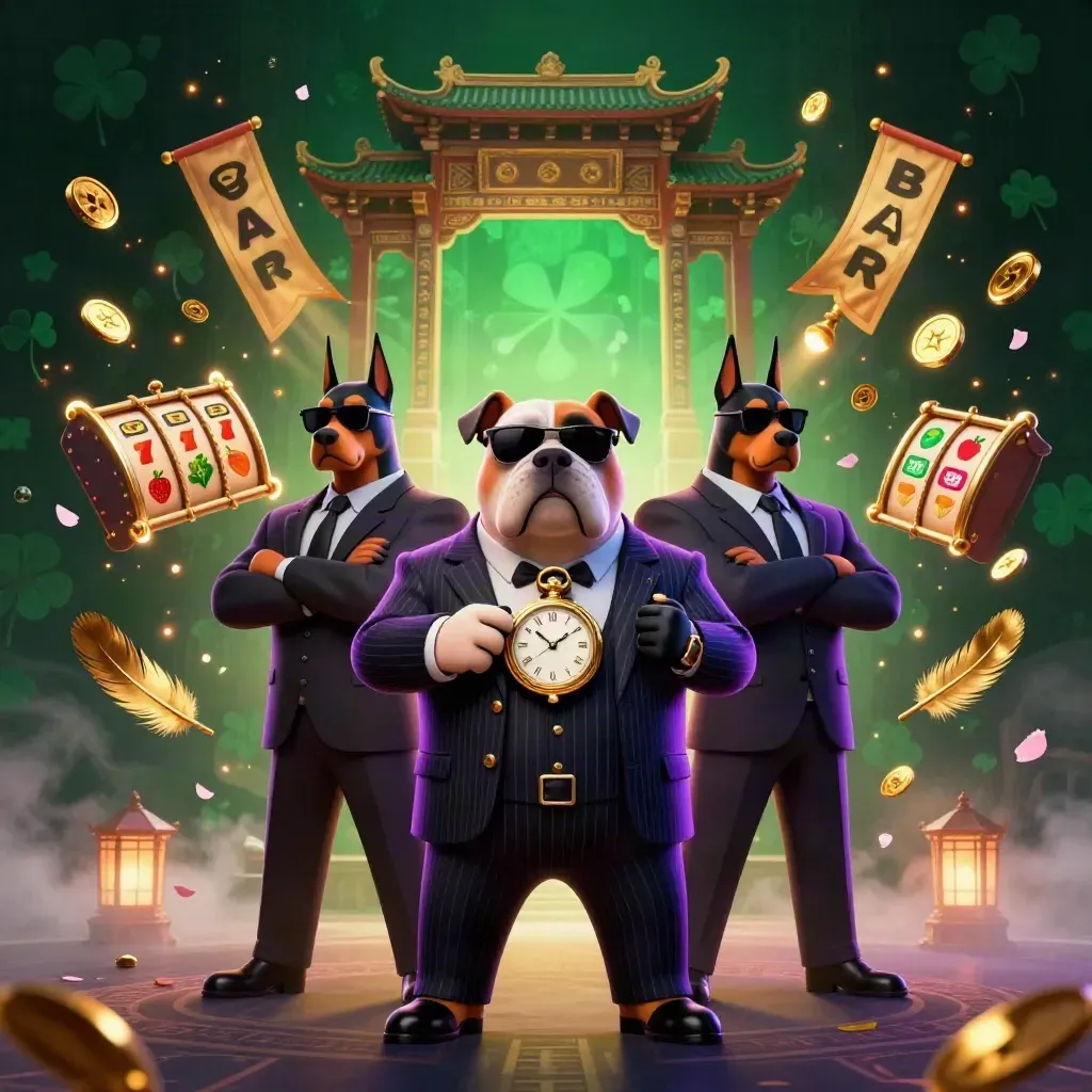 Bulldog mob boss with two Dobermans amid casino magic, coins, reels, temple gate, and neon effects.
