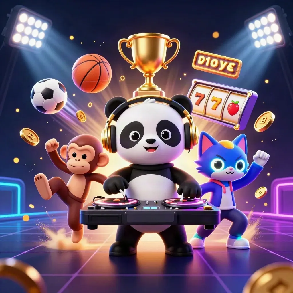 DJ panda, monkey and glow-stick kitten amid coins, reels and neon casino lights