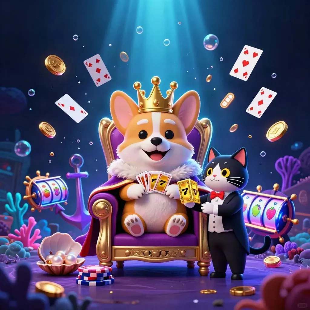 Royal corgi on chip throne with cat butler, treasure cove, slot symbols, neon casino glow