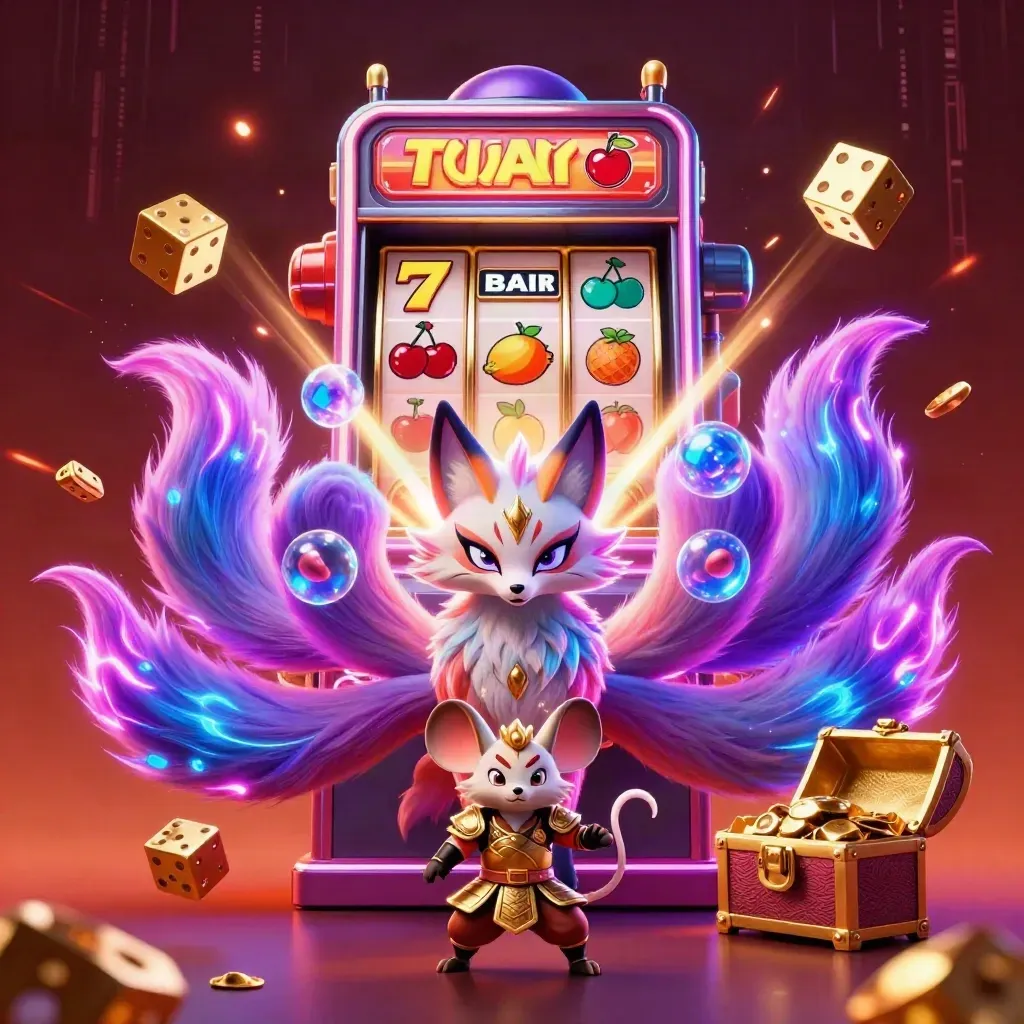 Fox spirit and samurai mouse amid exploding slots, gold, sparks, and neon energy.