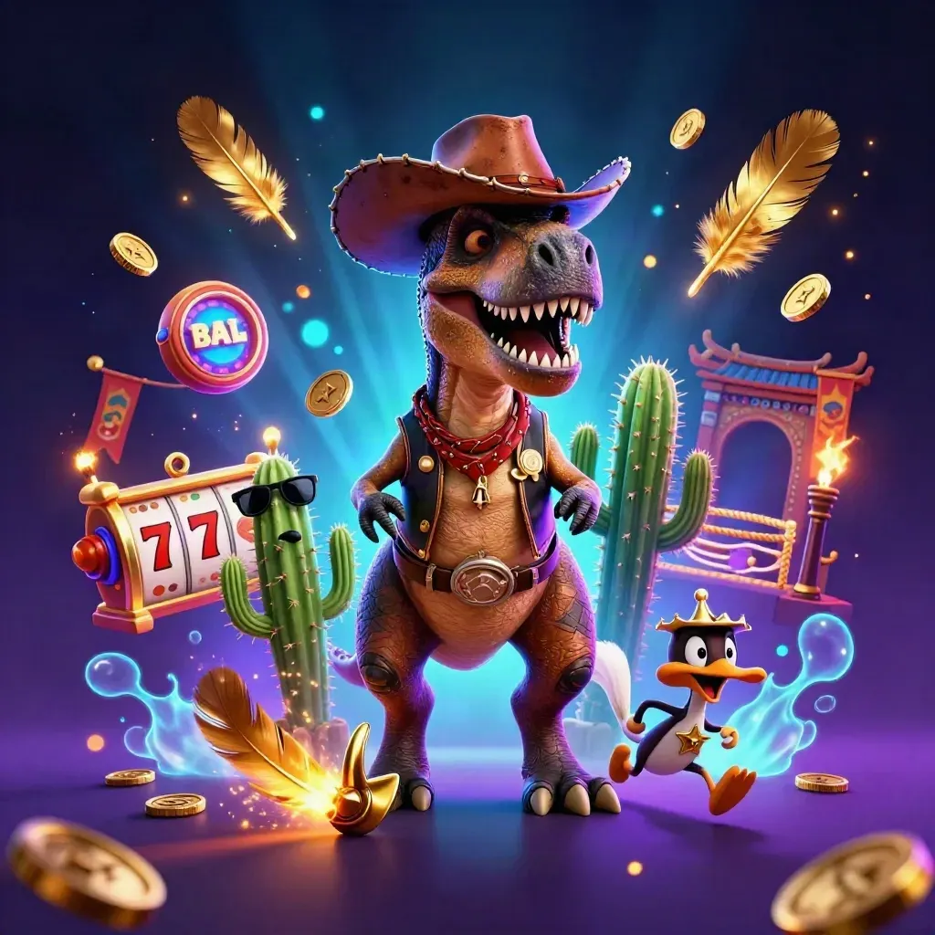 Cowboy T-Rex, cactus sidekick and sheriff roadrunner amid neon casino loot, temple gate and sparks