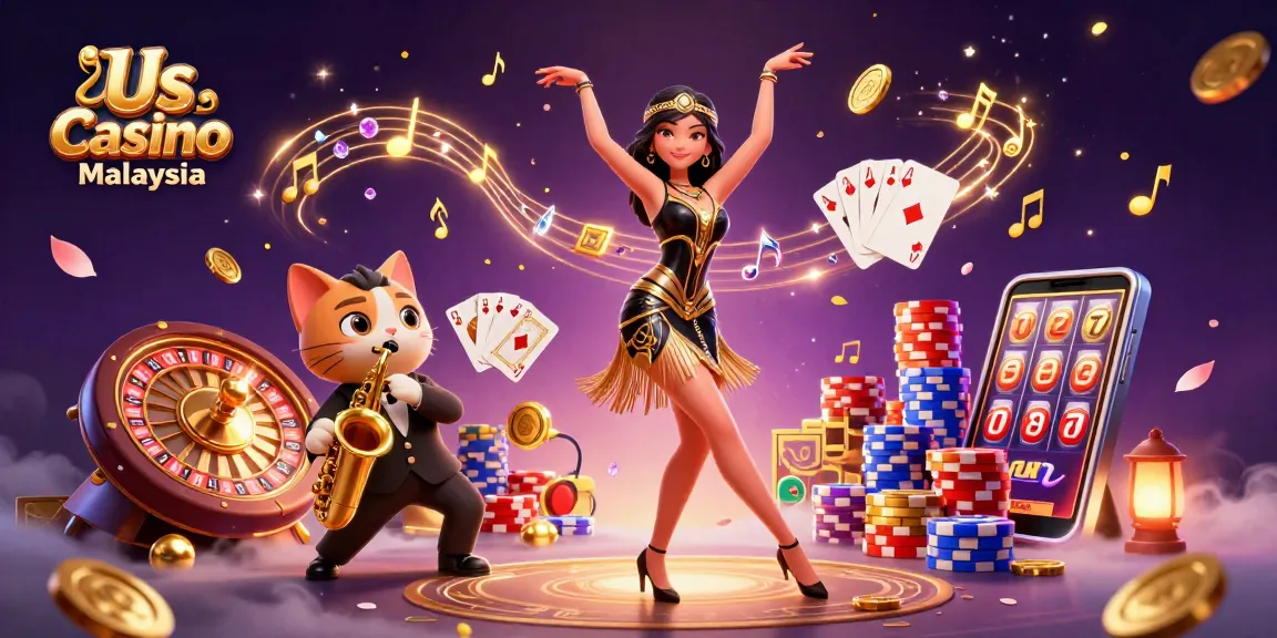 Engaging scene showcasing Us Casino Malaysia with a stunning dancing woman, a saxophone-playing cat, and dynamic casino elements.