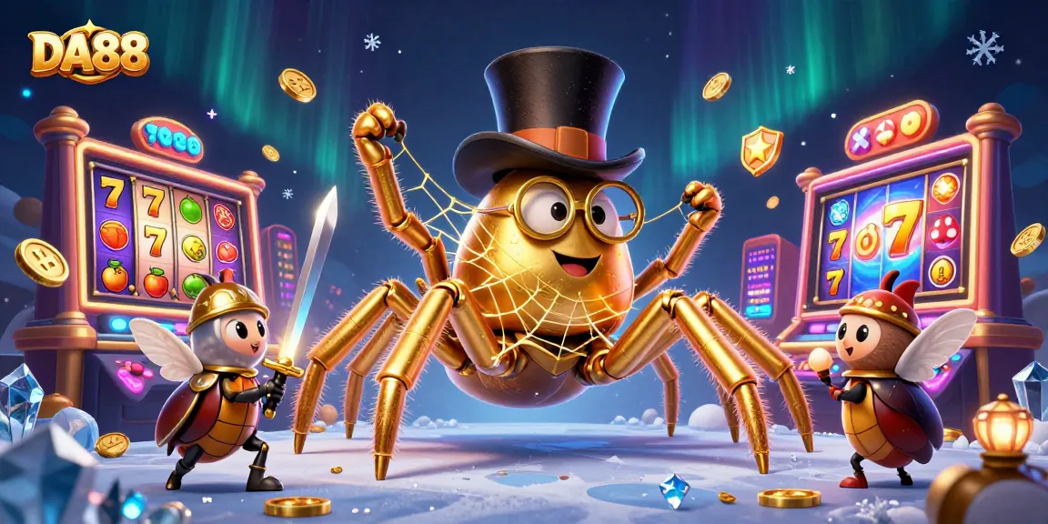 Experience the thrills of DA88 with a dynamic 3D illustration showcasing a giant tarantula and beetle knight in a vibrant casino setting.