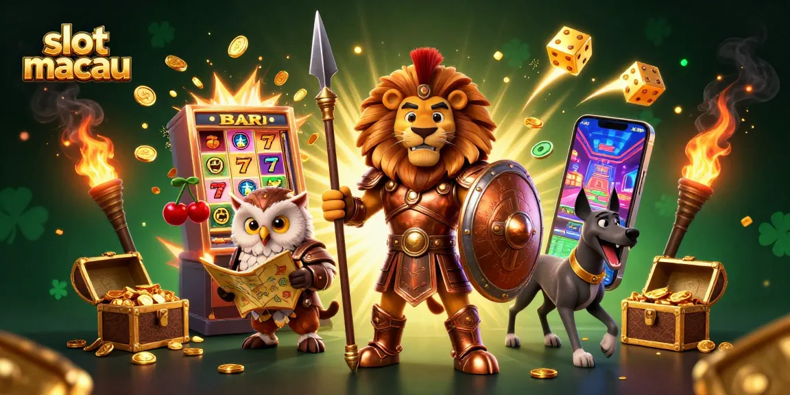 Experience winning thrills with slot macau's vibrant scene featuring a Spartan lion, tactical owl, and greyhound messenger.