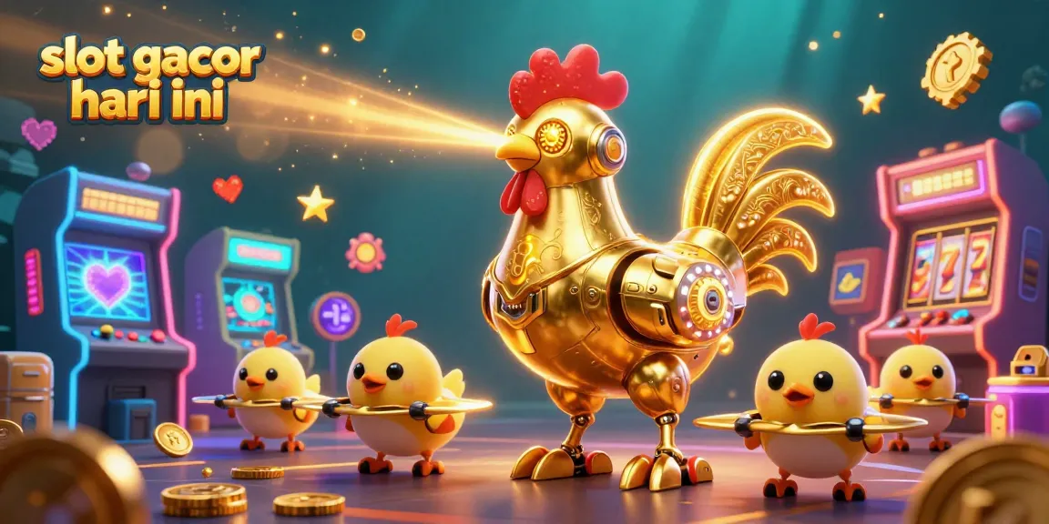 Menangkan besar dengan bermain slot gacor hari ini, ditampilkan oleh karakter robot ayam emas dan drone bayi yang ceria.