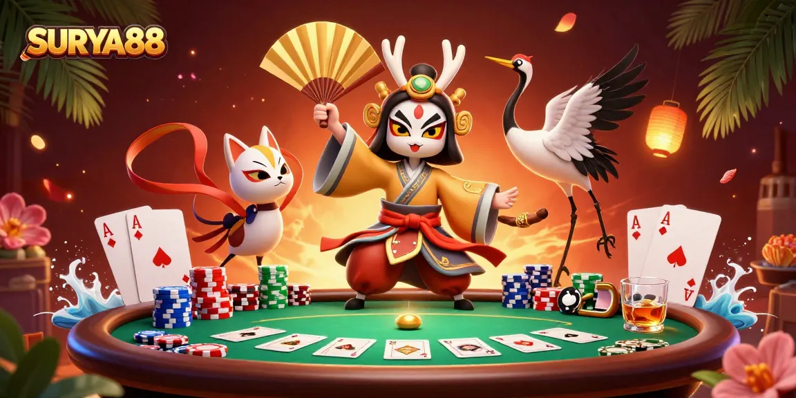 Engage with SURYA88 at a vibrant poker scene featuring kabuki characters and casino elements.