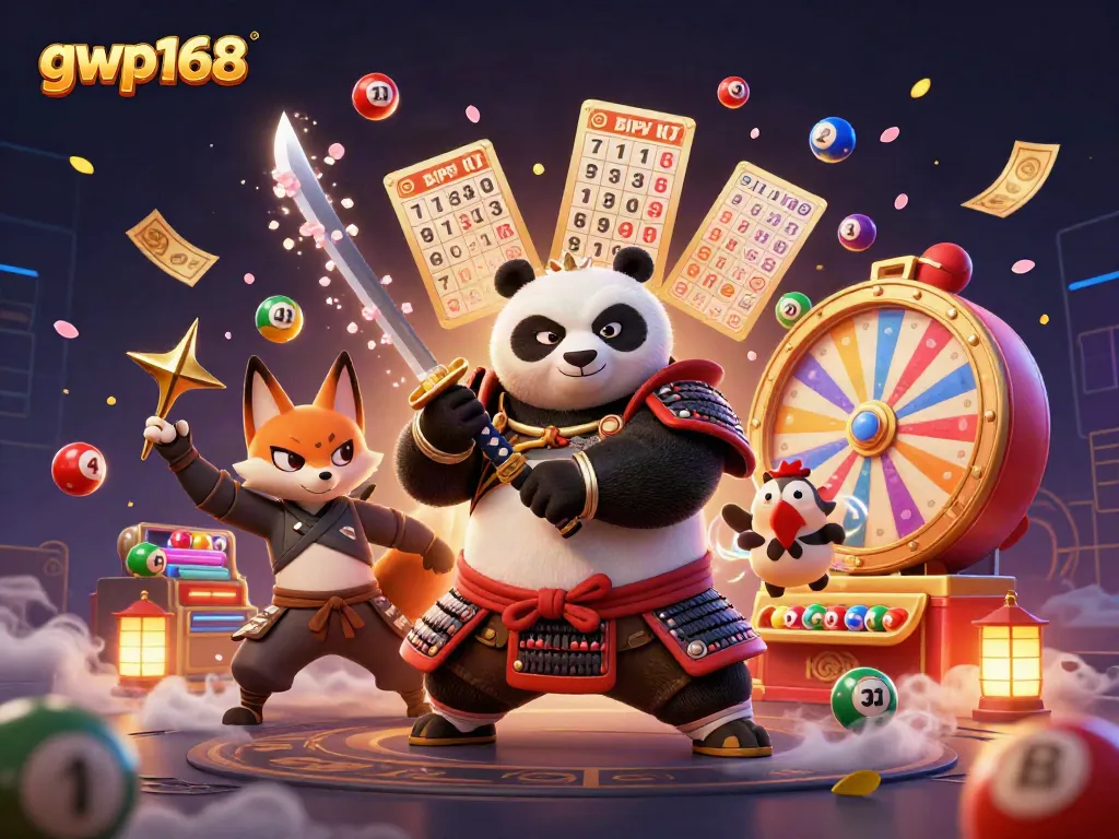 Permainan keberuntungan di gwp168 dengan panda samurai dan ninja rubah dalam suasana yang meriah.