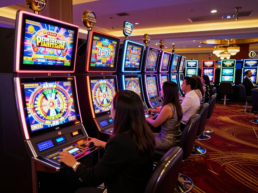 Experience the excitement of ดูหนังใหม่ and slot machines at a luxurious casino, with players engaged in vibrant gameplay.