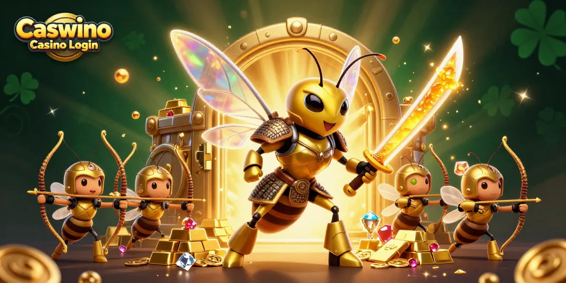 Experience seamless access to Caswino Casino Login, as the vibrant illustration showcases a hornet and bee archers amidst gold and gems.