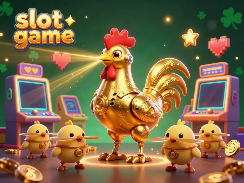 Win big with a vibrant slot game scene featuring a golden rooster robot and baby chick drones.