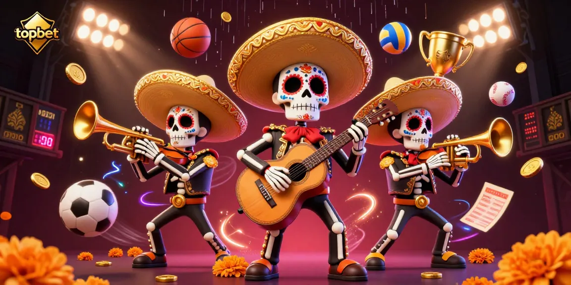 Engage with topbet’s dynamic betting scene featuring vibrant 3D skeleton mariachi characters.