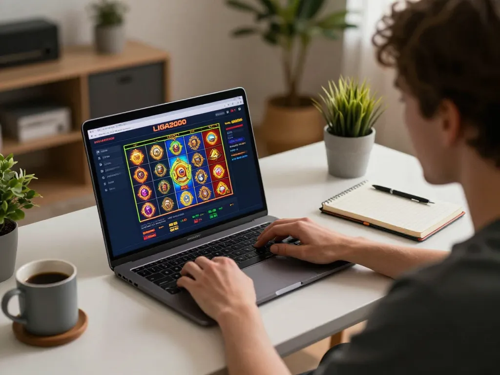 LIGA2000 player engages with online slots on their laptop, showcasing strategic gaming environment.