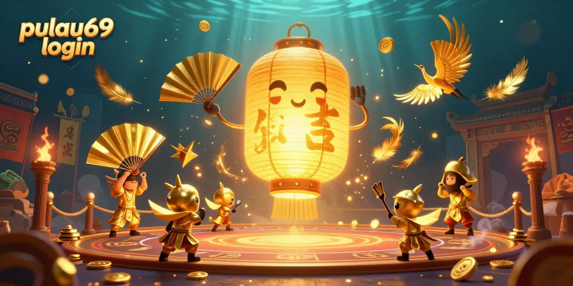 Pulau69 login in an exciting casino atmosphere with golden lantern spirit and fan warriors.
