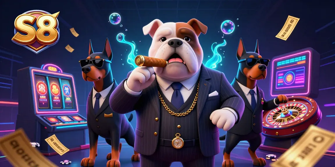 S8 casino scene featuring a bulldog mafia boss and Doberman bodyguards surrounded by slot reels and chips.