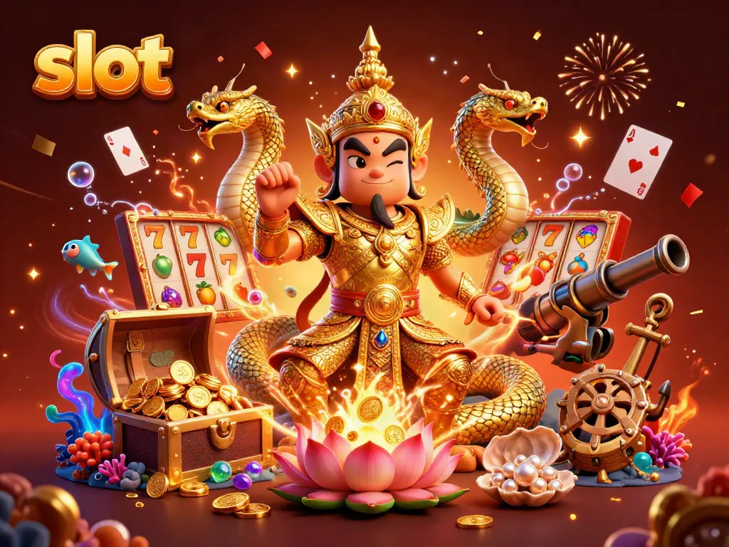 Spin slot reels with vibrant Thai guardian and Naga companions in an exciting casino scene.