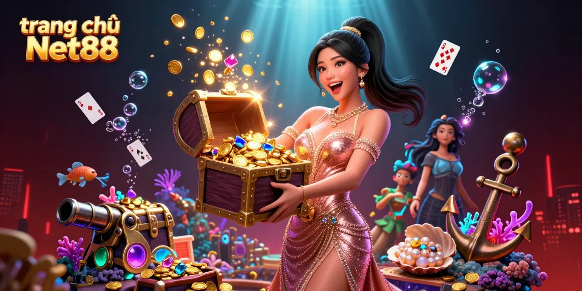 Experience excitement at trang chủ Net88 with a vibrant treasure-filled casino illustration featuring a joyful Asian woman.
