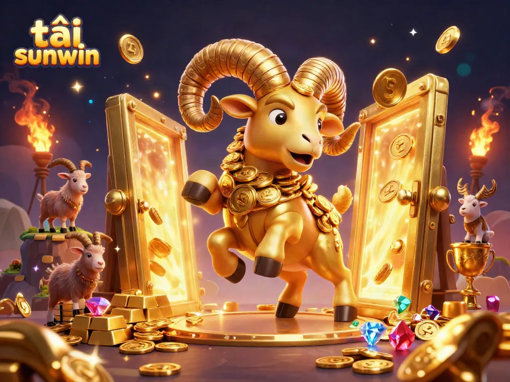 Experience thrilling gaming with tải sunwin, featuring a golden ram charging through treasure-filled gates.
