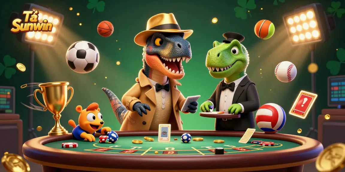 Game at Tải Sunwin where a velociraptor plays blackjack under suspicious watch, featuring lively sports elements.