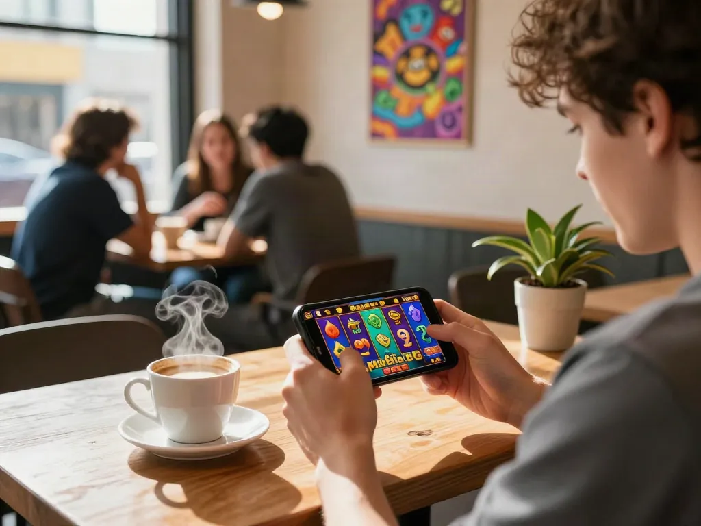Player enjoying luxury12 slots on smartphone at a cozy café with coffee and vibrant game graphics.