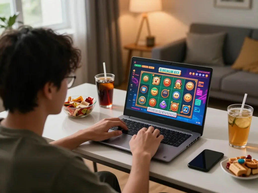 Engaging player focused on slot mahjong game interface during a cozy online gaming session.