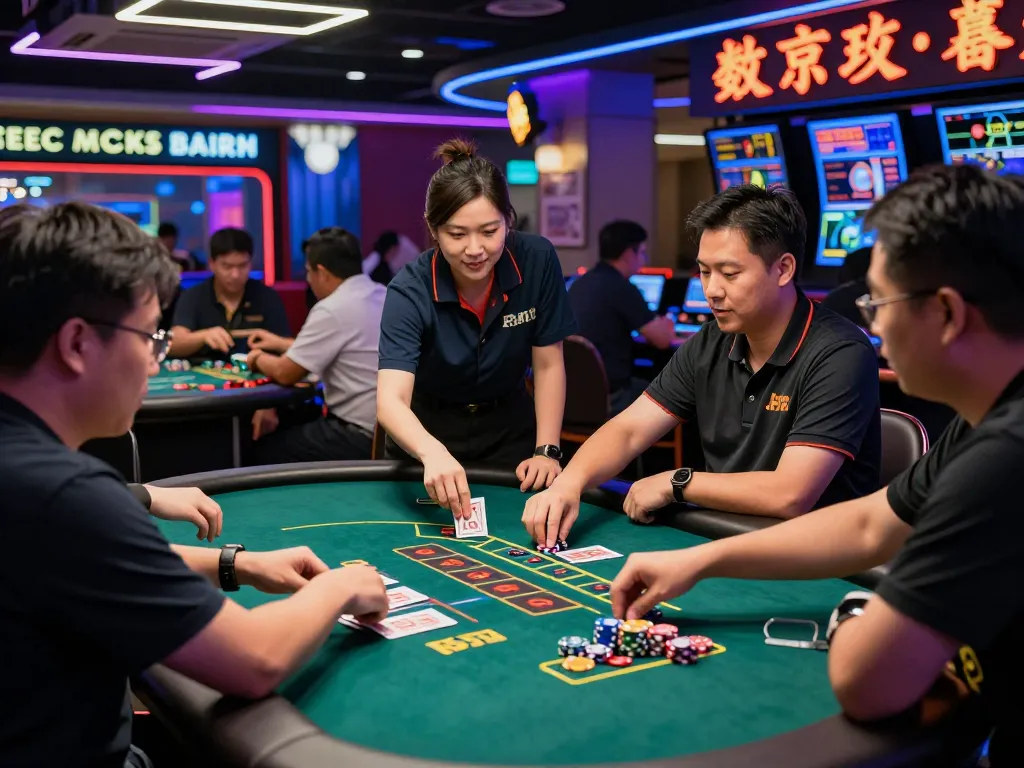 Exciting scene of players using free credit baccarat at a lively casino table with vibrant lights and cards.