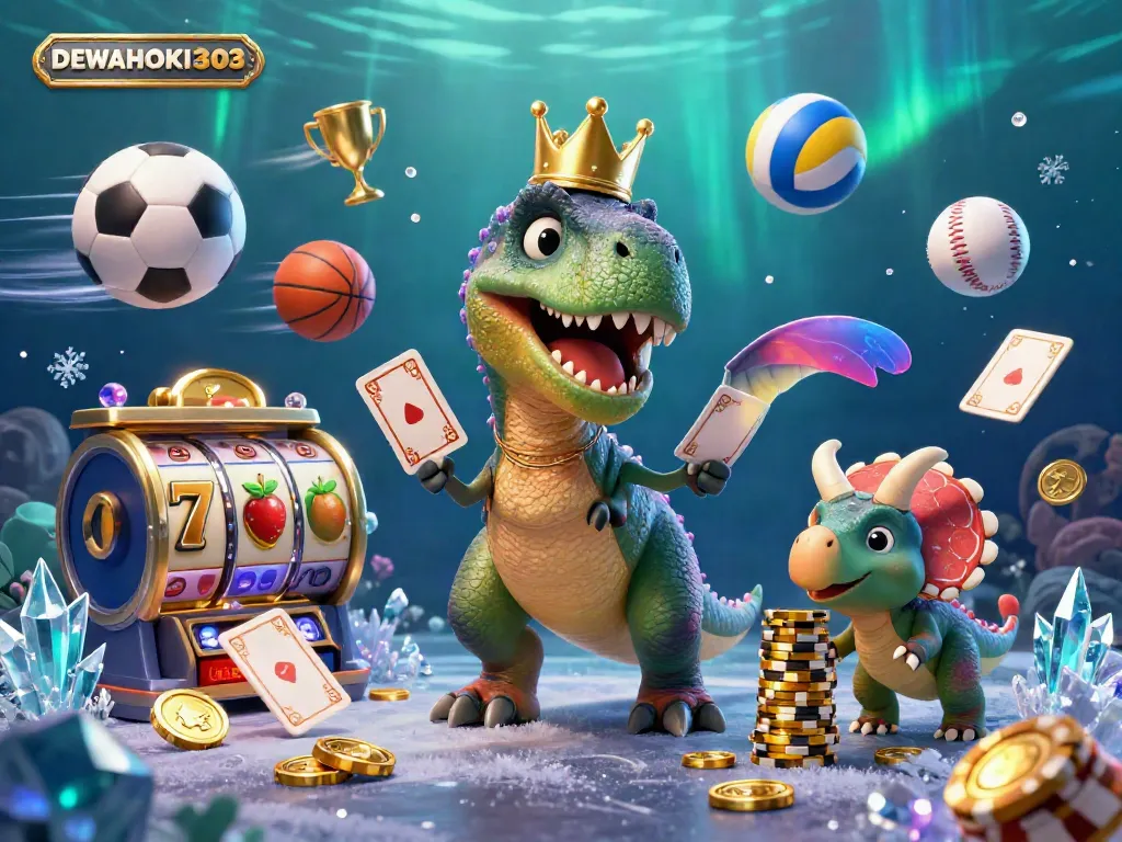 Menangkan jackpot dengan DEWAHOKI303, ilustrasi kasino yang penuh warna dan aksi.
