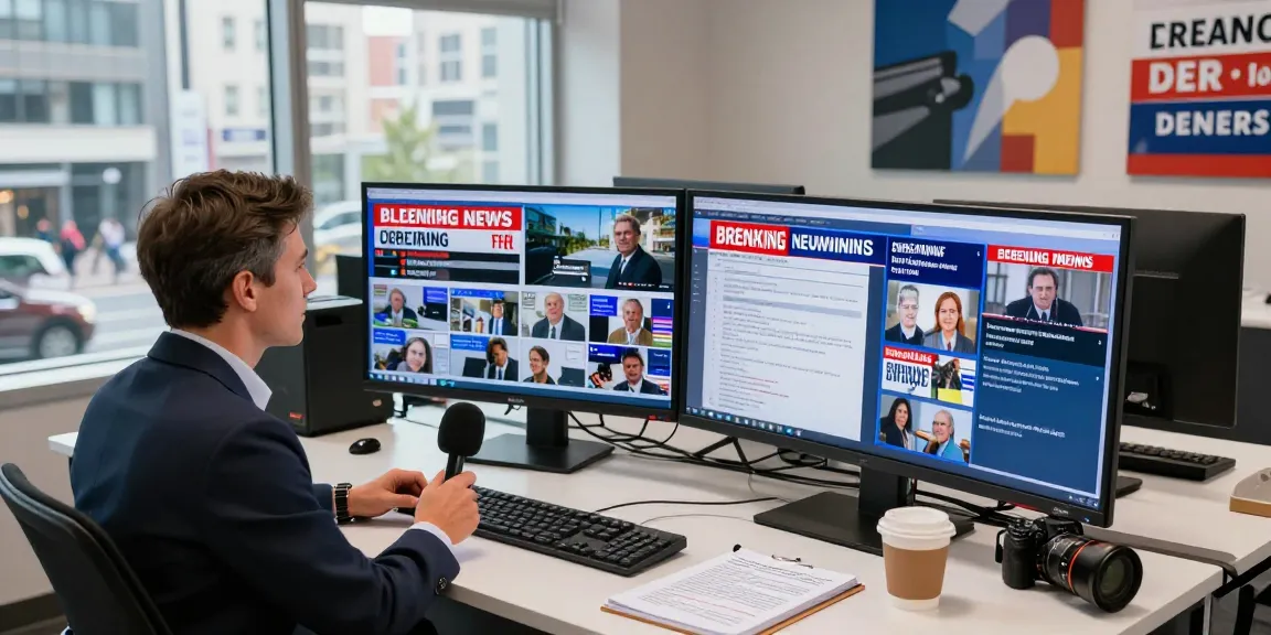 Breaking news at https://www.theindaily.com with journalists in a modern newsroom, capturing live updates and headlines.