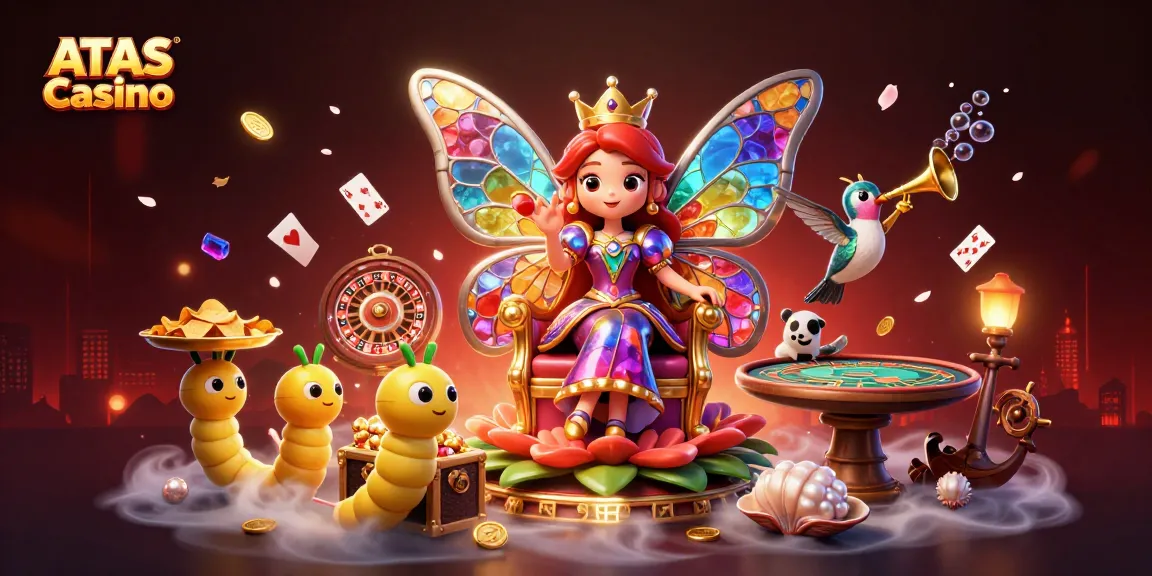 Experience the vibrant entertainment of ATAS Casino with a magical butterfly queen and thrilling casino elements.