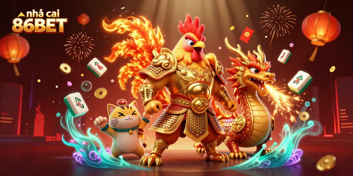 Engage with nhà cái 86BET in this vibrant 3D illustration featuring a samurai rooster warrior and dragon hatchling.