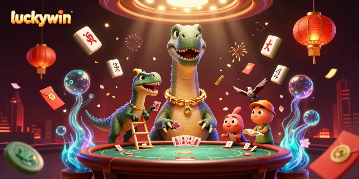 Engage with luckywin at a vibrant casino featuring a cartoon brontosaurus and raptor dealer.