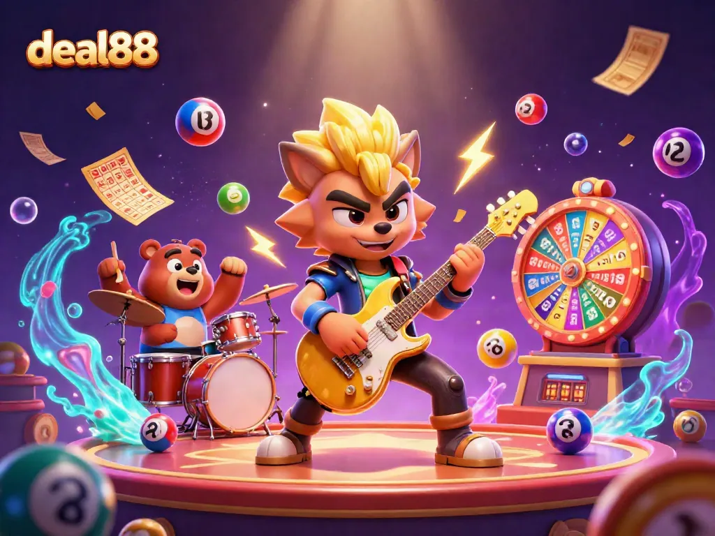 Engage with deal88's thrilling casino experience featuring a vibrant wolf rock star amid lottery action.