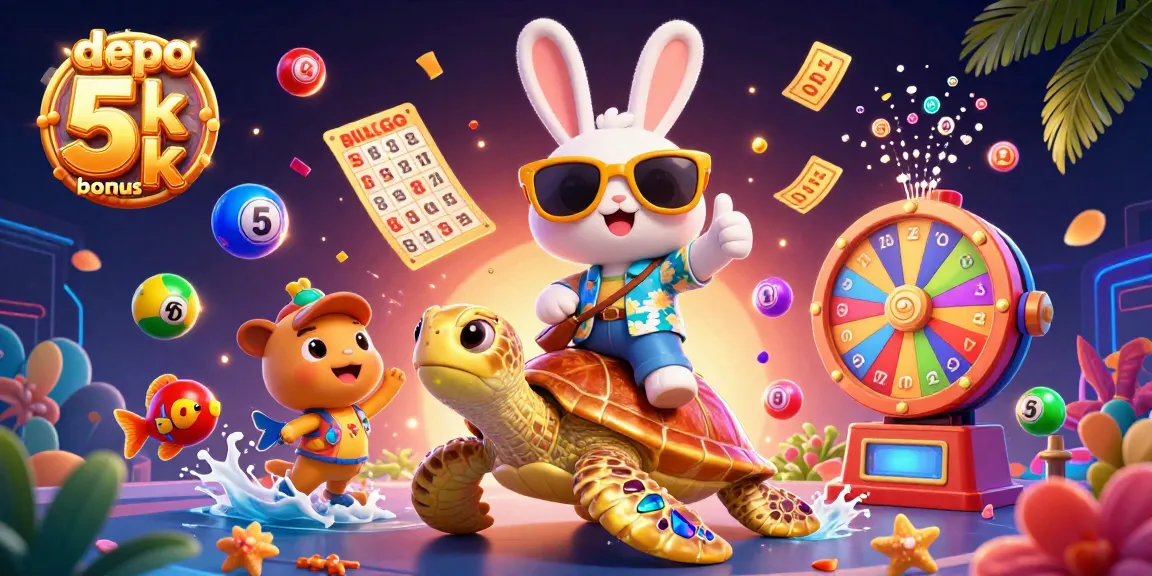 Experience big wins with depo 5k bonus 5k, featuring a lucky rabbit and golden sea turtle in a vibrant casino scene.
