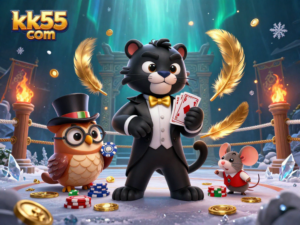 Engage in thrilling casino action with kk55 com as a panther deals cards, joined by an owl and mouse amidst gold coins and vibrant effects.
