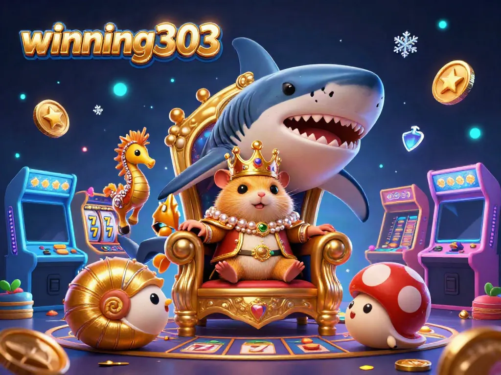Experience thrilling slot adventures with winning303, showcasing a golden hamster king in a vibrant casino setting.
