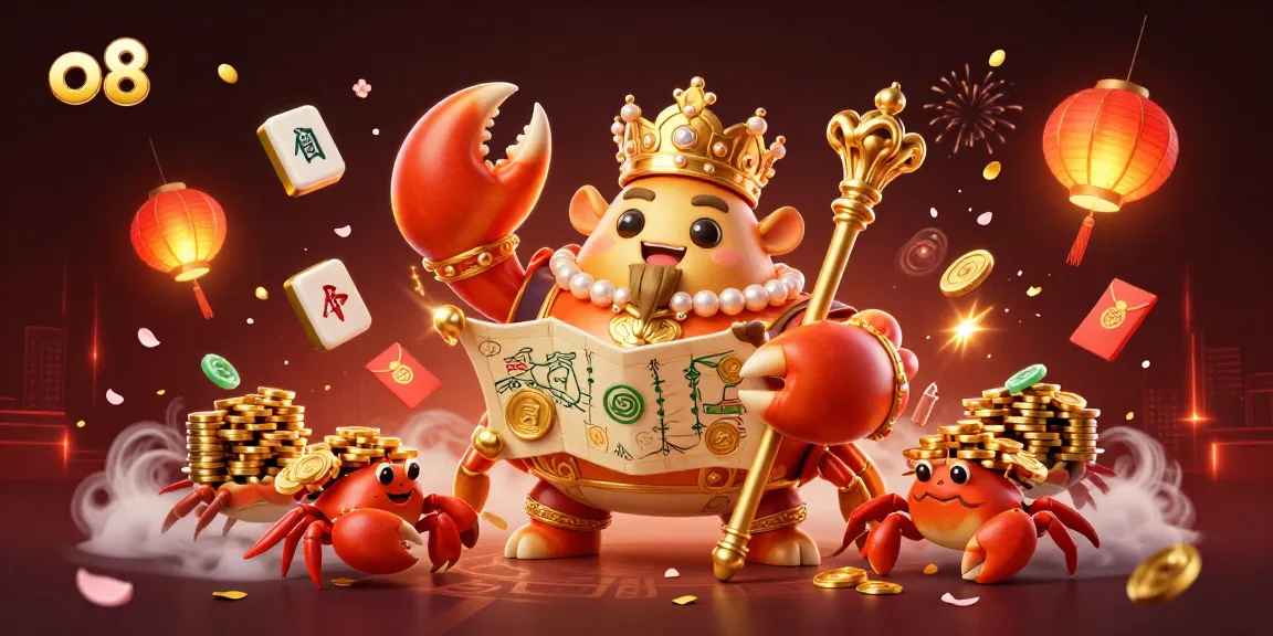 Engaging scene of the o8 golden crab emperor holding treasures amidst vibrant casino elements.