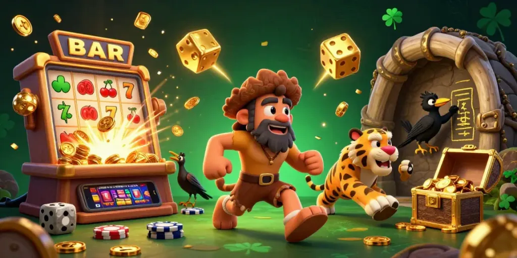 Join luxury777 as a cartoon caveman and sabertooth duo celebrate in a vibrant casino scene bursting with riches.