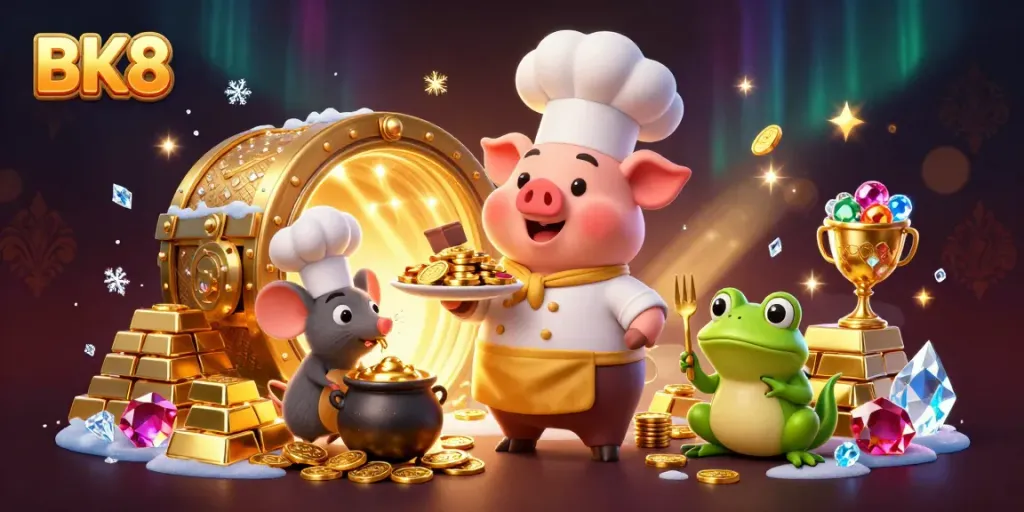 BK8 features a vibrant casino scene with a chef pig serving gold coins, showcasing dynamic treasures.