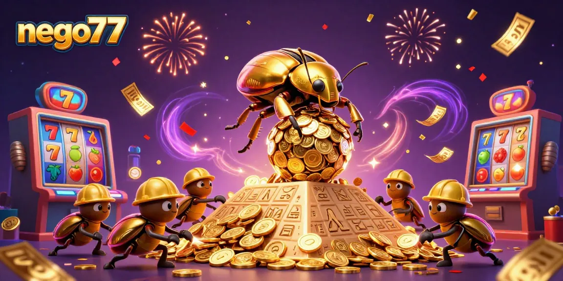 Nego77 showcases a vibrant 3D casino scene where golden beetles roll coin jackpots, embodying its exciting online slots.