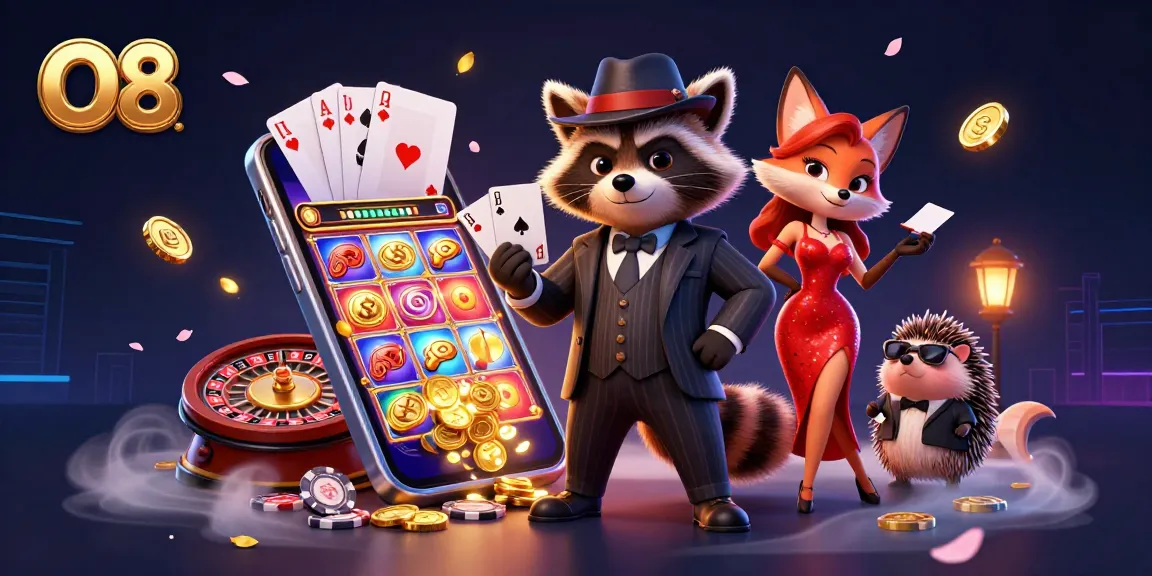 Experience the excitement of O8's online gaming with a vivid casino scene featuring charming characters.