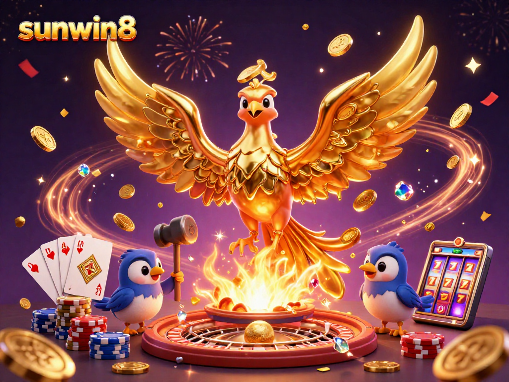 Experience thrilling moments at sunwin8 with golden phoenix emerging and jackpot symbols raining down.