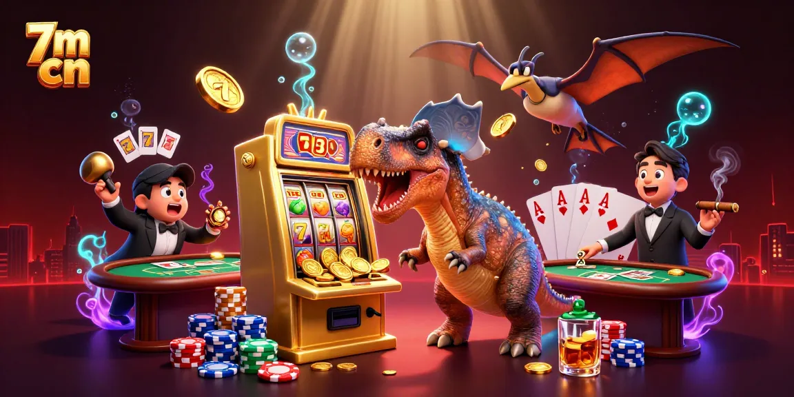 7m cn themed 3D illustration of dinosaurs at a golden slot machine, capturing jackpot coins in a vibrant casino scene