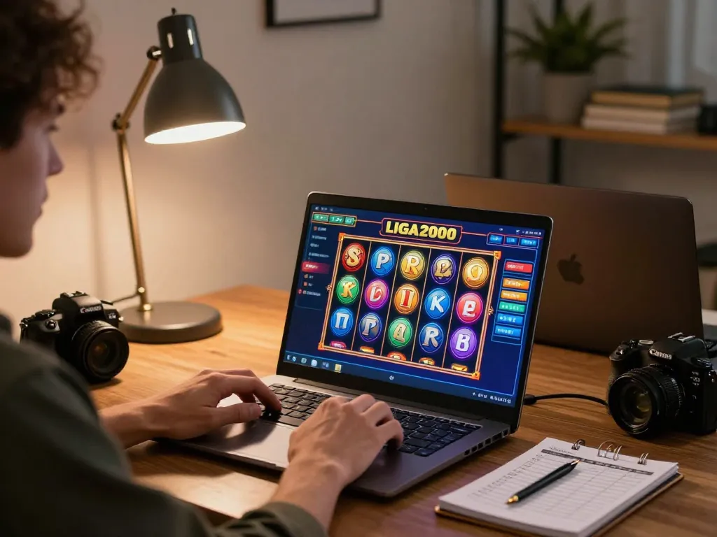 LIGA2000 player engaging with slot games on a laptop in a cozy home setting