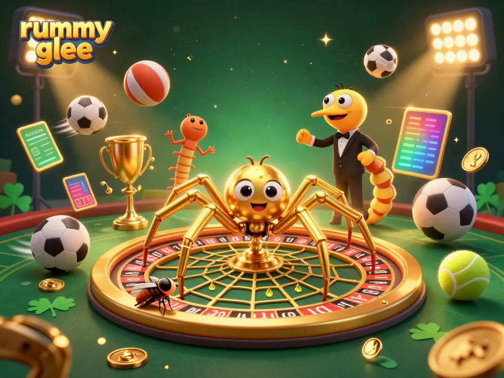 Rummy glee: Gim kartu yang dinamis dengan laba-laba emas dan centipede croupier.