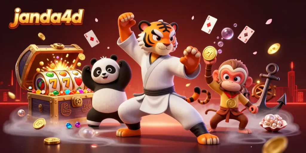 Ilustrasi 3D janda4d menampilkan karakter master harimau kung fu dan siswa dalam suasana kasino.