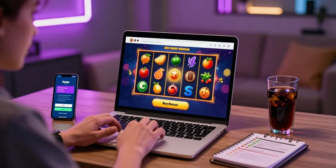 Person excitedly exploring bonus buy slots on a laptop in a vibrant home office.