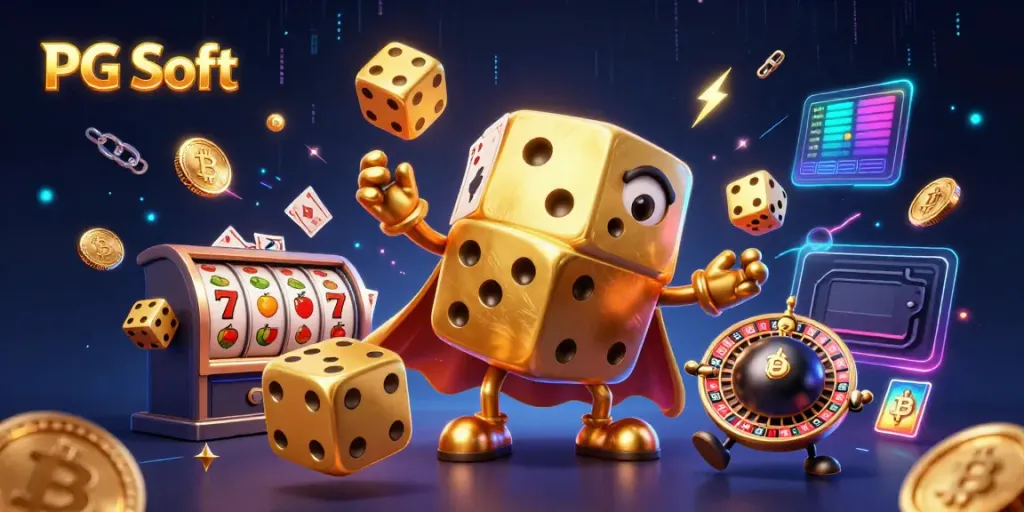 Permainan PG Soft menampilkan simbol slot emas dan dadu mengkilap di lingkungan yang bersemangat.