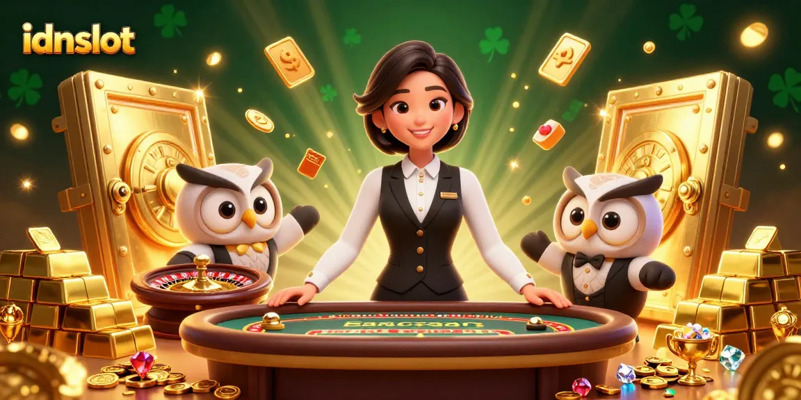 Play exciting games with idnslot at a vibrant casino scene filled with jackpots and treasures.