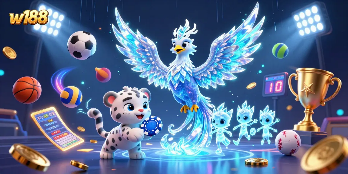 Engage with w188's dynamic gaming scene featuring an ice phoenix and animated sports elements.